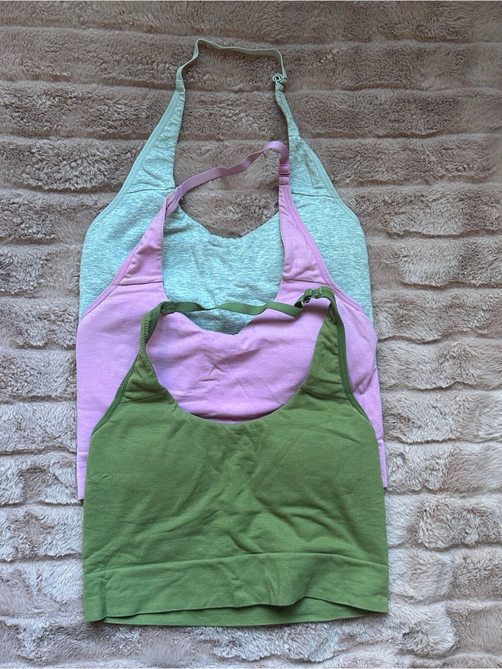 Set of Three Crop Tank Tops - Green, Pink, Light Gray